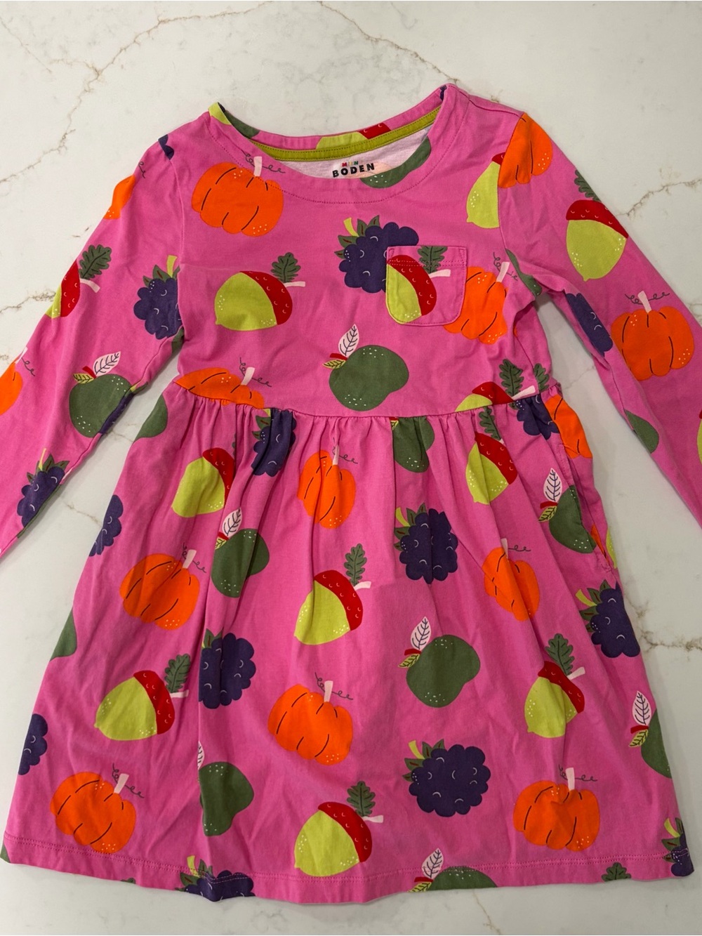 Mini Boden Pink Autumn Print Dress Size 7-8Y Long Sleeve Pumpkin Apple